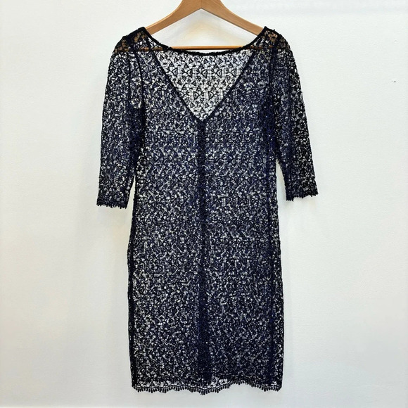 Kay Unger Sequin Lace Sheath Dress Long Sleeve Cocktail  Evening Navy Blue 6 - Picture 10 of 14